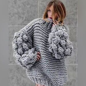 Gray Popcorn Chunky Balloon Sleeve Sweater S Boho Statement Harper Heritage Vtg